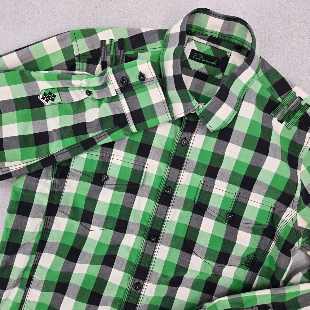 7 Diamonds Medium Plaid Button Down Shirt Mens Green Black Long Sleeve Utility